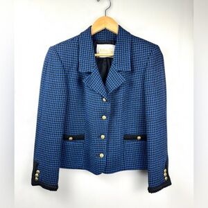 Vintage 80s Wool Boucle Blazer Women's Small Blue Black Houndstooth Gold Buttons